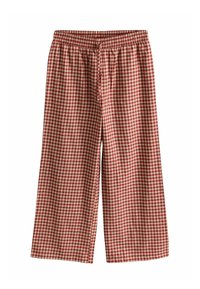 Pantaloni cu un model quadred roșu și crem, cu un brâu elastic și șnur. Siluetă pantaloni evazați, textură casual a țesăturii.