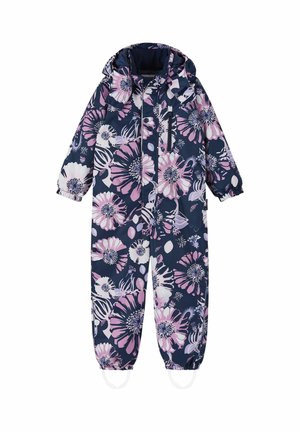 Blumen-Regenanzug in Marineblau mit rosa und weißen Blumenmustern, ausgestattet mit einer Kapuze, elastischen Bündchen und verstellbaren Säumen. Wasserdichtes Material.