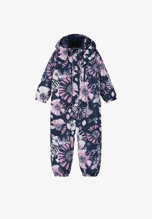 Floral rain suit in navy blue with pink and white flower patterns, featuring a hood, elastic cuffs, and adjustable hems. Waterproof material.