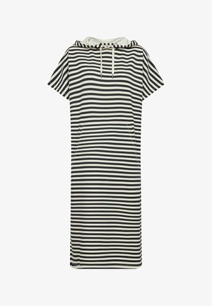 Juostuota juoda ir balta su kapučiu su trumpomis rankovėmis ir tiesia siluetu. Yra raištelis prie kaklo ir šoniniai kišenės.