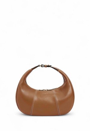 Sac à main en cuir marron de forme arrondie, équipé d'une bandoulière unique et de coutures blanches discrètes sur le devant.