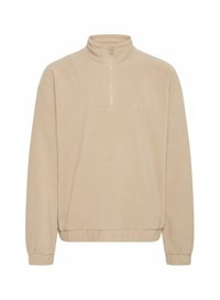 Beige fleece pullover med høj krave og kvart-zip lukning. Har ribbede manchetter og bundkant, med en subtil tekstur.