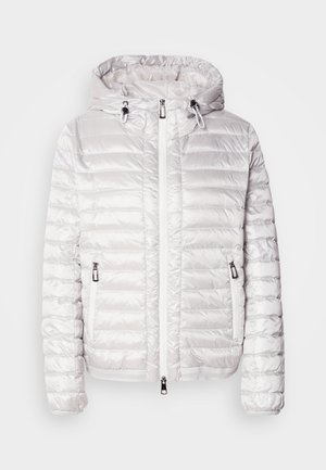 Padded white jacket with a shiny finish, featuring a hood, zip closure, and side pockets. Horizontal stitching pattern throughout.