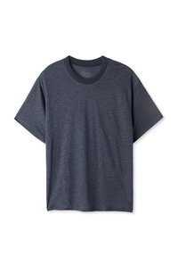 Mörkgrå kortärmad bomulls T-shirt med rund halsringning och en slät textur, med en avslappnad passform och inga synliga mönster eller detaljer.