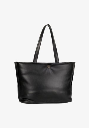 Sac fourre-tout en similicuir noir avec deux longues anses, texture douce et détail central avec bouton sur le devant. Design spacieux et minimaliste.