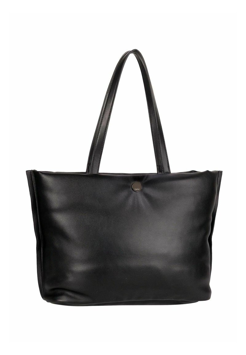 Sac fourre-tout en similicuir noir avec deux longues anses, texture douce et détail central avec bouton sur le devant. Design spacieux et minimaliste.