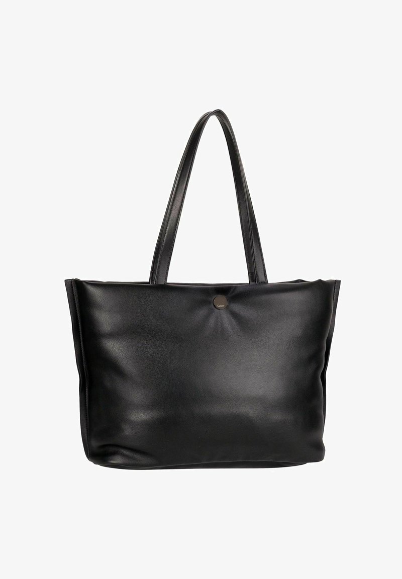 Sac fourre-tout en similicuir noir avec deux longues anses, texture douce et détail central avec bouton sur le devant. Design spacieux et minimaliste.