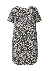 Leopardenmuster Kleid mit kurzen Ärmeln, rundem Ausschnitt und lockerer Passform. Der Stoff hat eine beige Basis mit schwarzen Punkten.