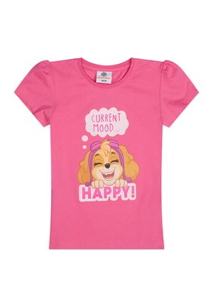 Camiseta de algodón rosa con un gráfico de un perro juguetón y el texto "ESTADO ACTUAL... ¡HAPPY!". Manga corta y escote redondo.