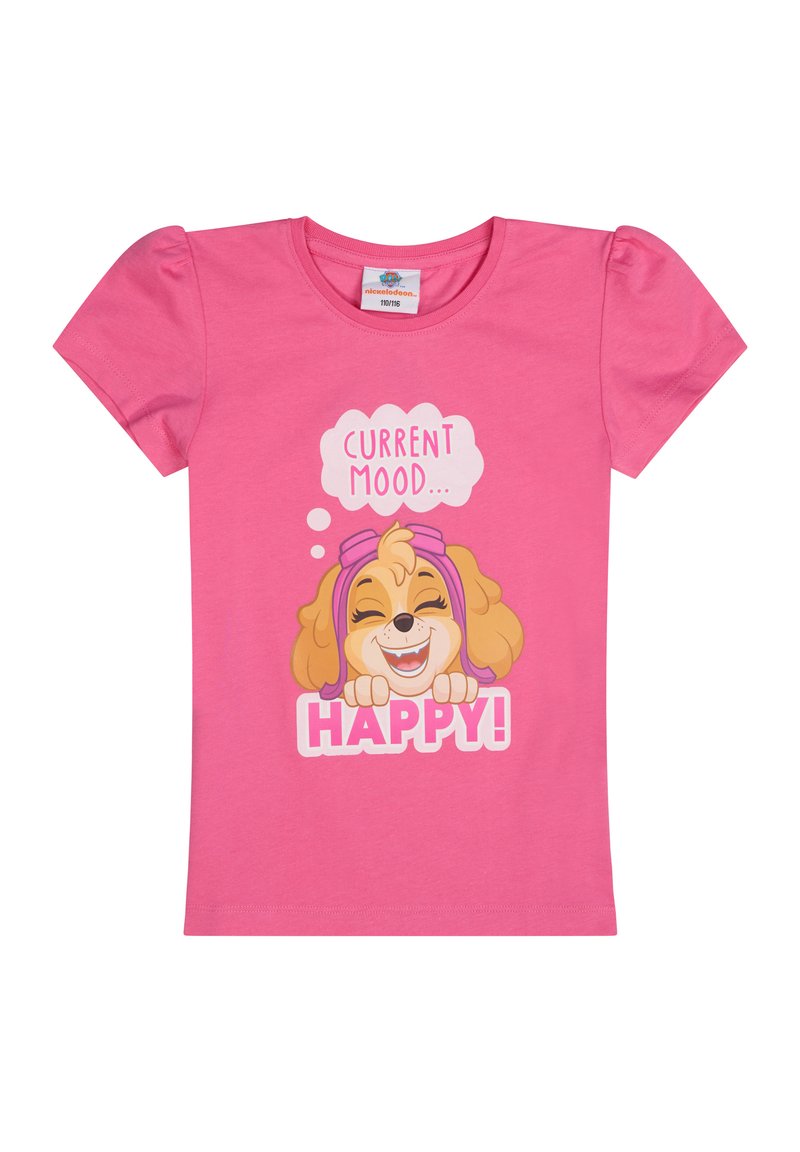 Camiseta de algodón rosa con un gráfico de un perro juguetón y el texto "ESTADO ACTUAL... ¡HAPPY!". Manga corta y escote redondo.
