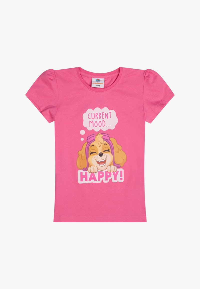 Camiseta de algodón rosa con un gráfico de un perro juguetón y el texto "ESTADO ACTUAL... ¡HAPPY!". Manga corta y escote redondo.