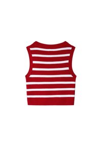Top corto a righe rosse e bianche. Realizzato in tessuto a maglia con una texture a costine, presenta un collo rotondo e un design senza maniche.