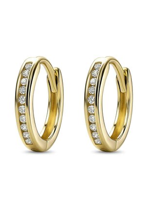 Paar goldene Creolen, jeweils mit einer Reihe von neun kleinen runden weißen Diamanten entlang der äußeren Kante besetzt.