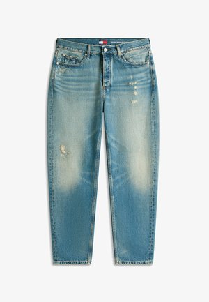 Hele sinine teksapükste paar, millel on tavaline lõige, kerge kulumine reie ja põlve piirkonnas ning viie taskuga disain.