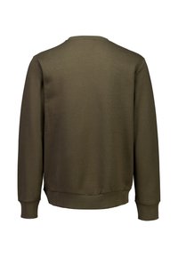 Felpa verde oliva, realizzata in tessuto morbido, presenta un collo rotondo, maniche lunghe e polsini e orlo a costine. Nessun motivo o dettaglio visibile.