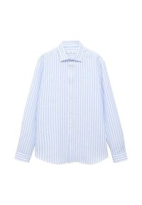 Maglietta a maniche lunghe a righe blu chiaro e bianche con colletto a punta e chiusura a bottoni. Tessuto in cotone, vestibilità rilassata, orlo dritto con spacchi laterali.