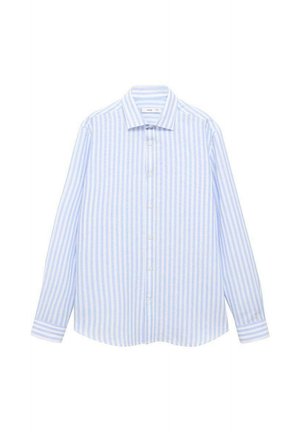 Light blue and white striped long-sleeve shirt with a pointed collar and button front. Cotton fabric, relaxed fit, straight hem with side vents.