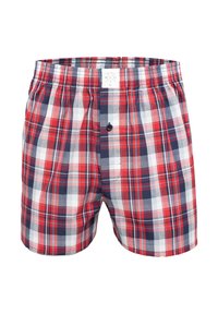 Red, white, and navy plaid men's boxer shorts with elastic waistband and single black button on front fly.