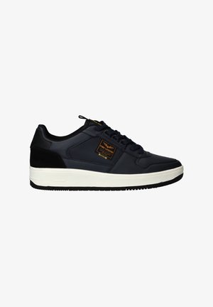 Navy leather sneaker featuring a black suede accent, round lace closure, white rubber sole, and an orange logo patch on the side.