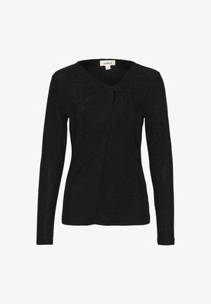 Top lung cu mâneci lungi, de culoare neagră, cu decolteu în V, realizat dintr-un material texturat cu sclipiri subtile, având un design drapat în față.