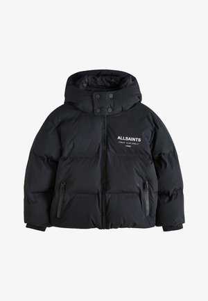 Schwarze Steppjacke mit Kapuze, Frontreißverschluss, zwei Reißverschlusstaschen und weißem AllSaints-Logo mit japanischem Schriftzug auf der linken Brust.