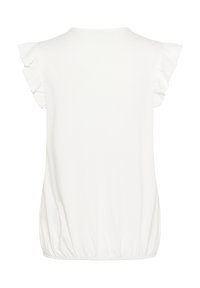 Haut blanc à manches courtes avec des accents de volants aux épaules et un ourlet froncé. Texture lisse, design décontracté, adapté à diverses occasions.