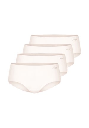 Cztery beżowe, bezszwowe damskie majtki ułożone na sobie, każda z małym logo marki po lewej stronie.