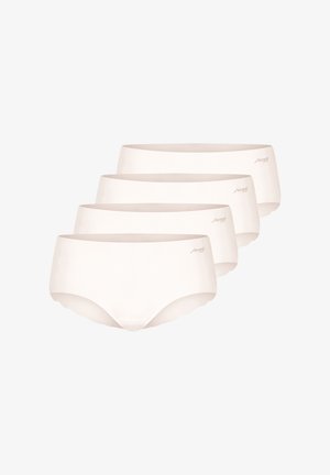Quatre culottes sans coutures pour femmes de couleur beige disposées en chevauchement, chacune avec un petit logo de marque sur le côté gauche.