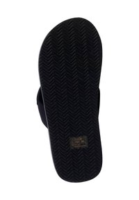 Sole di infradito nera con un motivo ondulato, materiale in gomma e forma arrotondata. Presenta un piccolo logo impresso sulla superficie.