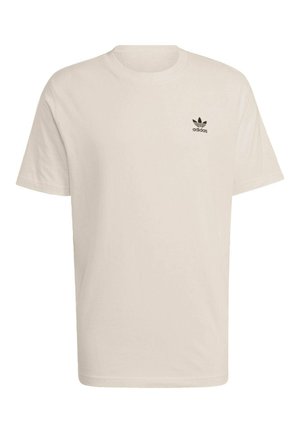 Beżowy T-shirt Adidas z krótkim rękawem, czarnym logo Trefoil i napisem "adidas" na lewej piersi.