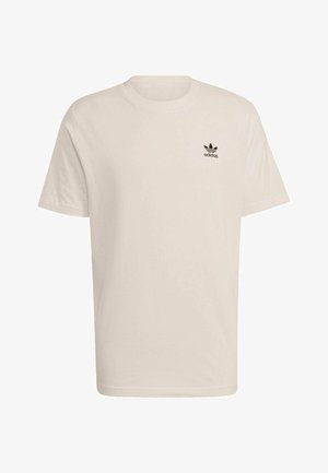 Beżowy T-shirt Adidas z krótkim rękawem, czarnym logo Trefoil i napisem "adidas" na lewej piersi.