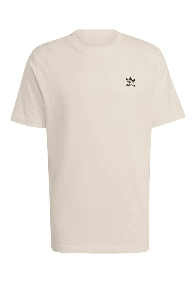 Camiseta Adidas beige de manga corta con logo Trefoil negro y texto "adidas" en el pecho izquierdo.
