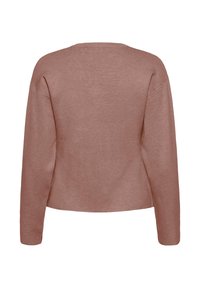 Helles rosa Sweatshirt, weiche Textur, Rundhalsausschnitt, lange Ärmel, lockere Passform, gerippte Details an den Bündchen und am Saum, schlichtes Design ohne Verzierungen.