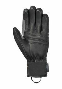 Schwarzer Lederhandschuh mit fünf Fingern, grauen strukturierten Akzenten, elastischem Handgelenk und einer Schlaufe zum Aufhängen. Wasserfestes Etikett an der Seite.