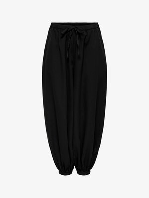 Pantalon ample noir avec taille et chevilles élastiques, lien de serrage à la taille et poignets froncés.