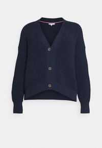 Marineblauer Strickcardigan mit V-Ausschnitt, langen Ärmeln und kurzem Saum. Verfügt über drei Knöpfe und gerippte Details an Bündchen und Saum.