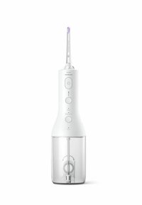 Sonicare waterflosser in het wit met een transparant reservoir. Heeft een bolle basis, een gestroomlijnd lichaam en een smalle, paarsgetipte spuitmond.