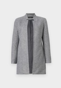 Manteau gris en mélange de laine avec manches longues, col et devant ouvert. Présente une doublure contrastante lisse et une forme structurée.