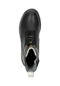 Zwarte leren enkellaars met ronde neus, ritssluiting, gestructureerde zijkanten en een stoffen voering. Zilveren hiel lus voor gemakkelijk aantrekken.