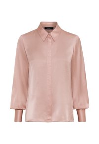 Ljust rosa satinblus med krage, långa ärmar och knappstängning. Slät textur, skräddarsydd passform och detaljerade ärmcuoffer.