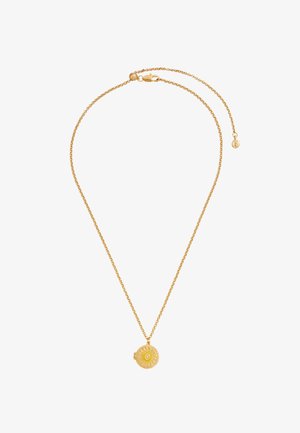 Ogrlica zlatnog tona s tankim lancem i okruglim privjeskom koji na sebi ima detaljan uzorak sunčevih zraka te malom kopčom za pričvršćivanje.