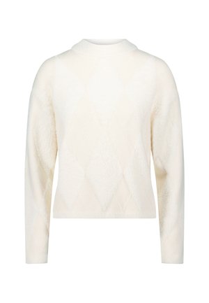 Weißer Pullover mit Rautenmuster, langärmlig und mit hohem Kragen. Hergestellt aus weichem, strukturiertem Stoff für Komfort.