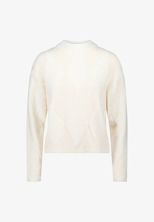 Weißer Pullover mit Rautenmuster, langärmlig und mit hohem Kragen. Hergestellt aus weichem, strukturiertem Stoff für Komfort.