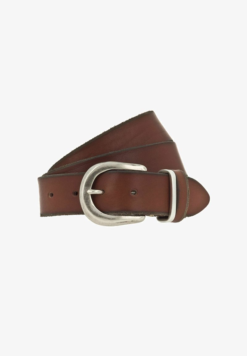 Ceinture en cuir marron avec une boucle argentée arrondie. La ceinture présente une texture lisse et plusieurs trous d'ajustement, se terminant par une pointe.