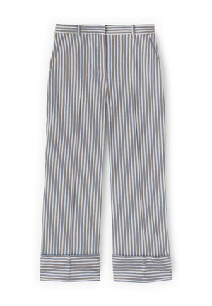 Pantalon taille haute à jambes droites avec rayures verticales bleues, marron et blanches, doté de passants de ceinture, poches latérales et revers pliés.