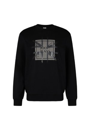 Schwarzer Sweatshirt mit Rundhalsausschnitt und langen Ärmeln. Verfügt über einen grauen Grafikdruck, der von einem quadratischen Design umrahmt ist. Weicher Stoff.