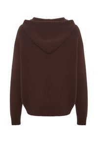 Sudadera con capucha marrón, textura de punto, corte relajado, puños y dobladillo acanalados, con capucha ajustable, color sólido y diseño sin costuras.