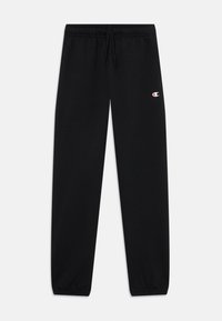 Schwarze Sweatpants mit elastischem Bund, Kordelzug und eng genähten Knöcheln. Enthält ein kleines Logo an der Oberseite des Oberschenkels. Weicher Stofftextur.