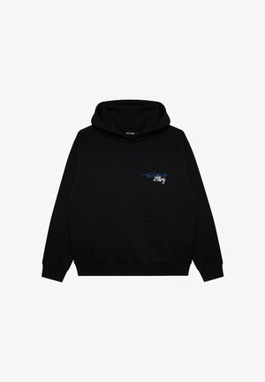 Czarna bluza z kapturem z przednią kieszenią, z małym kolorowym logo "TRUBLE" na lewej części klatki piersiowej. Wykonana z miękkiego, teksturowanego materiału.