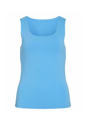 Lyseblå tanktop med firkantet udskæring og brede skulderstropper. Fremstillet i glat stof, har den et tætsiddende design og sømløse kanter.